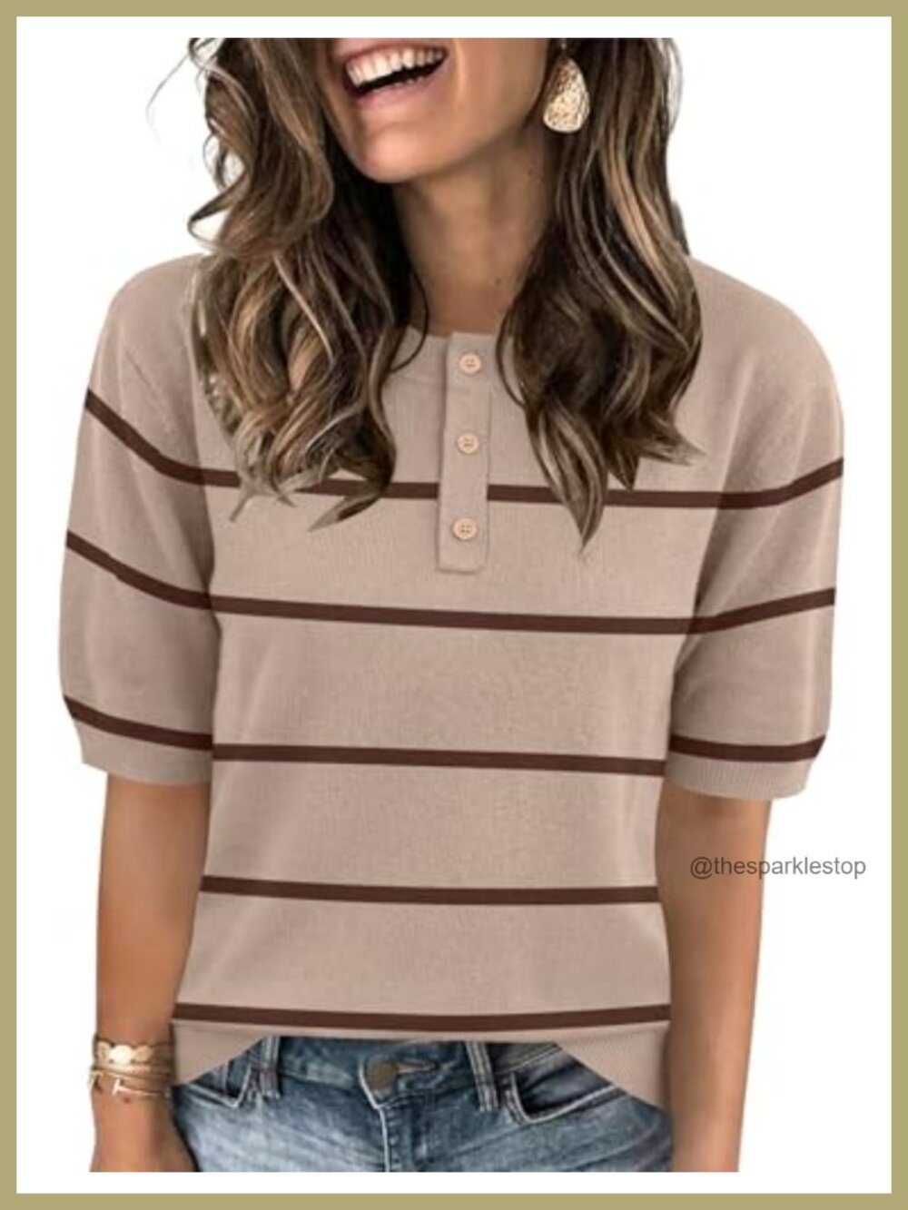 Short Sleeve Crew Neck Sweater Viscose Nylon Button Pullover